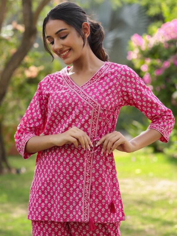 Tunic Kurti Pyjama Set Pure Cotton Floral Block Print Loungewear - Image 3