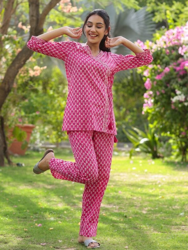 Tunic Kurti Pyjama Set Pure Cotton Floral Block Print Loungewear - Image 4