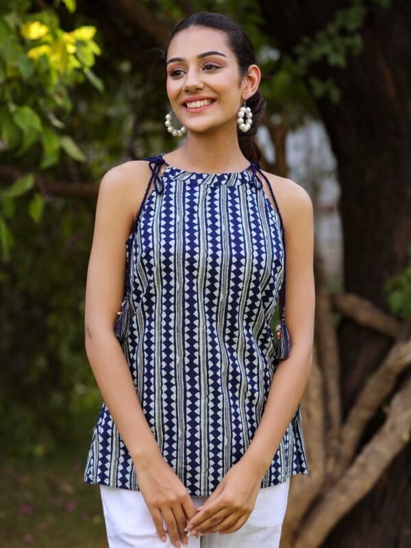 Indigo Eco Dyed Hand Block Printed Tie-Up Halter Neck Top Pure Cotton