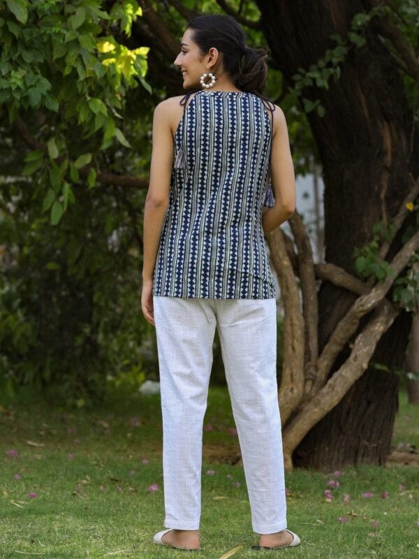 Indigo Eco Dyed Hand Block Printed Tie-Up Halter Neck Top Pure Cotton - Image 4