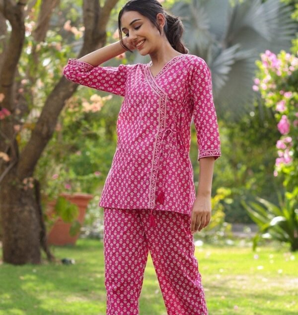 Tunic Kurti Pyjama Set Pure Cotton Floral Block Print Loungewear - Image 2