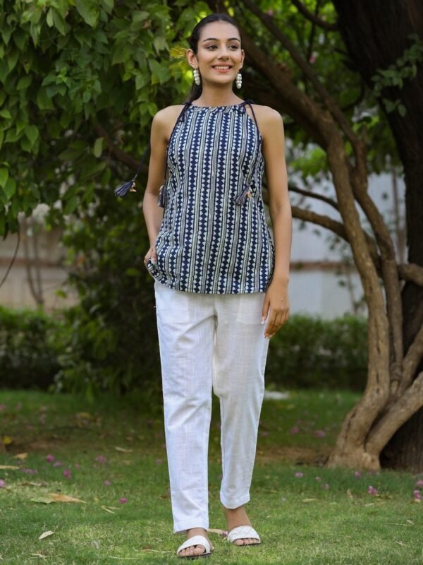 Indigo Eco Dyed Hand Block Printed Tie-Up Halter Neck Top Pure Cotton - Image 7