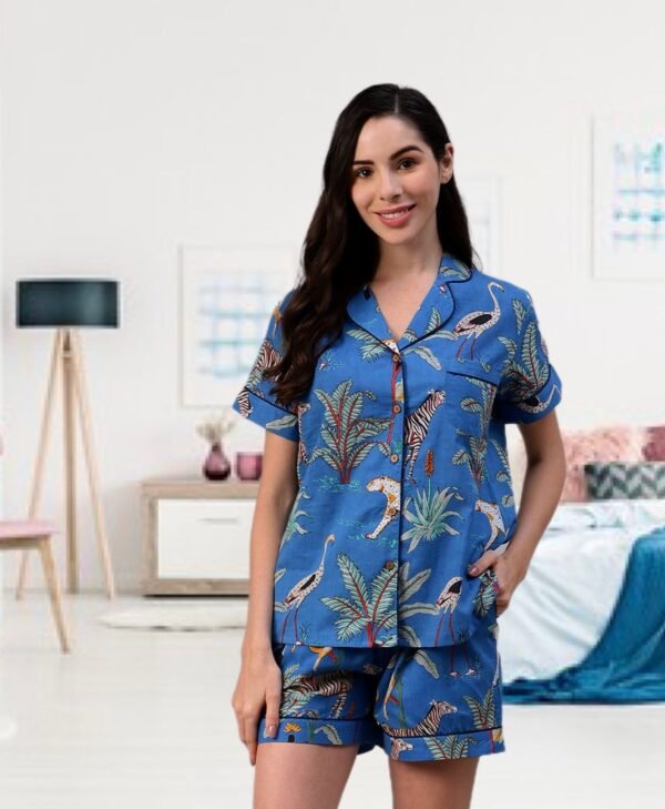 Blue Summer Shorts Set Hand Block Jungle Print Pure Cotton Loungewear - Image 5