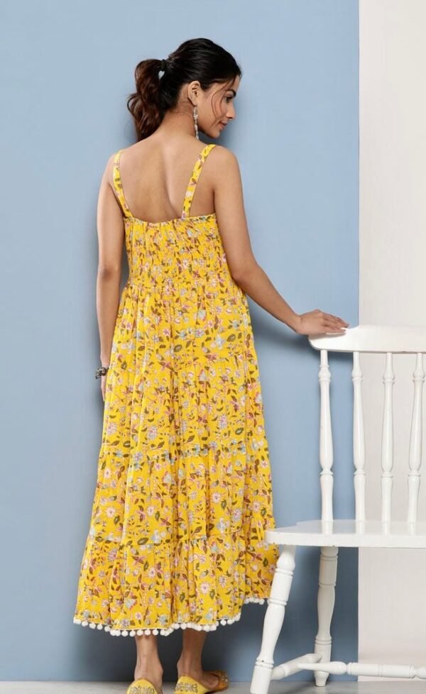 Floral Tiered Sundress-Smocked Back Hand Block Print 100% Cotton Yellow Summer Dress - Image 4