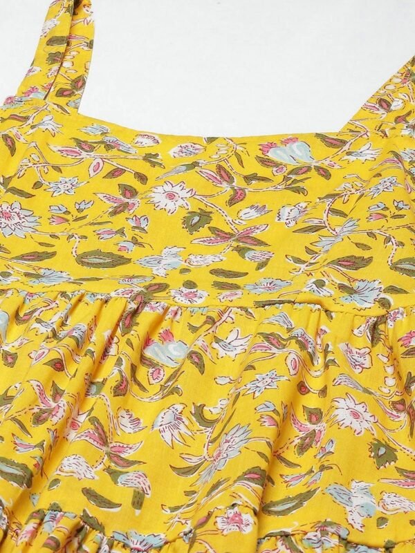 Floral Tiered Sundress-Smocked Back Hand Block Print 100% Cotton Yellow Summer Dress - Image 7