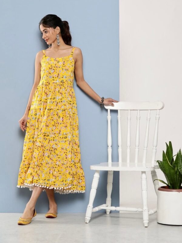 Floral Tiered Sundress-Smocked Back Hand Block Print 100% Cotton Yellow Summer Dress - Image 2