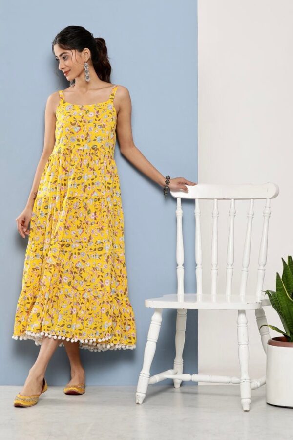 Floral Tiered Sundress-Smocked Back Hand Block Print 100% Cotton Yellow Summer Dress