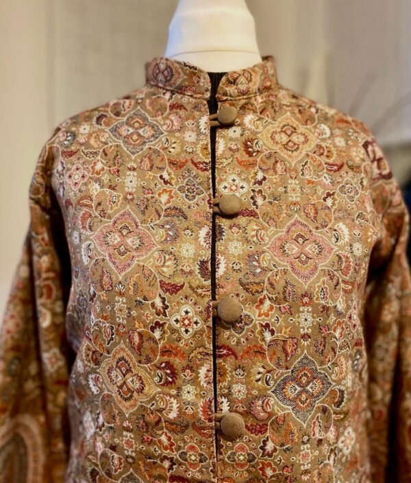 Beige Long Woollen Coat Winter Jacket Heritage Pattern Paisley Border Kani Weave Kashmiri Women's Coat