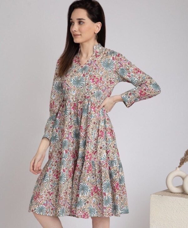 Botanical Print Tiered Dress Hand Block Pure Cotton Pleated Collar V-Neck Knee Length - Image 3