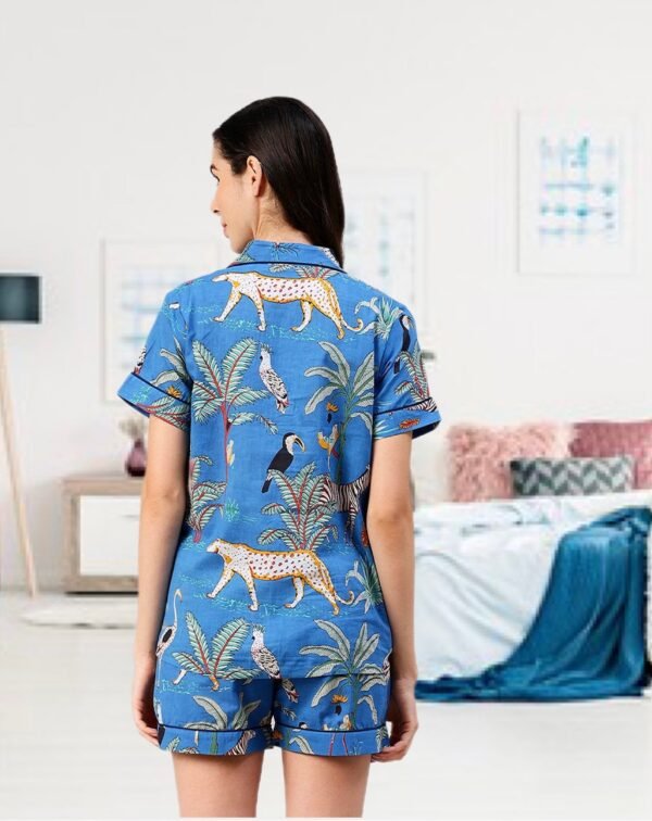 Blue Summer Shorts Set Hand Block Jungle Print Pure Cotton Loungewear - Image 4