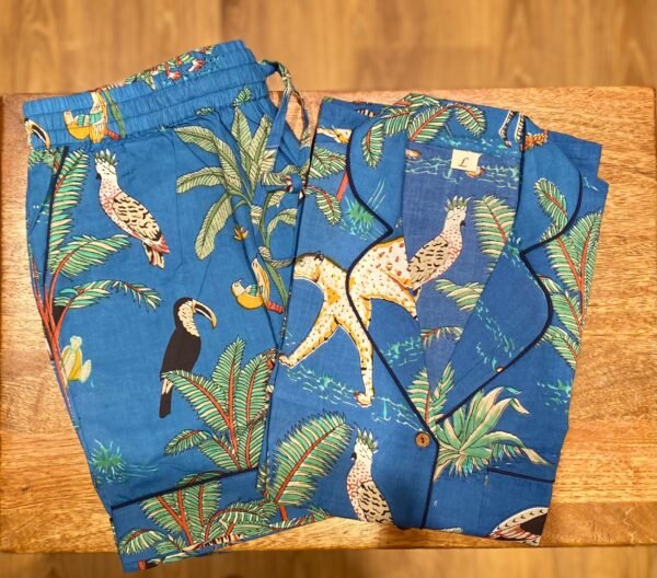 Blue Summer Shorts Set Hand Block Jungle Print Pure Cotton Loungewear - Image 2