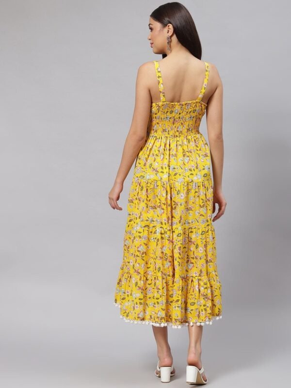 Floral Tiered Sundress-Smocked Back Hand Block Print 100% Cotton Yellow Summer Dress - Image 6