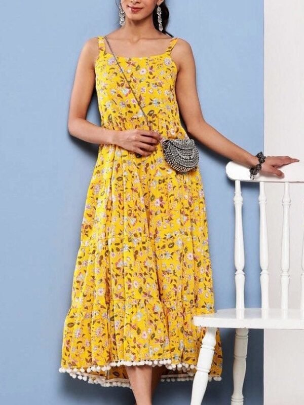 Floral Tiered Sundress-Smocked Back Hand Block Print 100% Cotton Yellow Summer Dress - Image 5