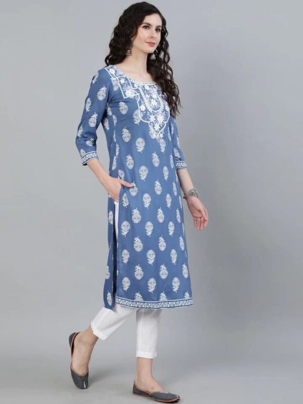 Embroidered Kurta-Blue Block Print Ethnic Indian Long Tunic-Viscose Rayon - Image 3