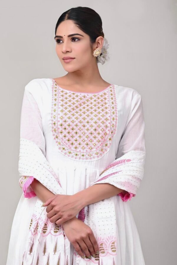 Anarkali Kurta-Pure Cotton Hand Block Print Fully Lined White Ethnic Indian Dress - Image 5