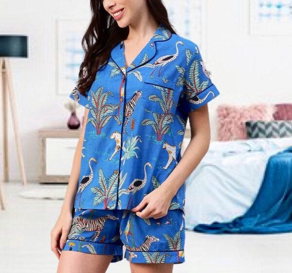 Blue Summer Shorts Set Hand Block Jungle Print Pure Cotton Loungewear