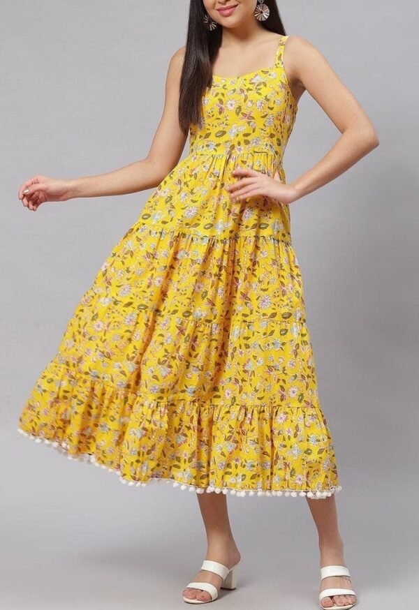 Floral Tiered Sundress-Smocked Back Hand Block Print 100% Cotton Yellow Summer Dress