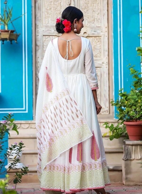 Anarkali Kurta-Pure Cotton Hand Block Print Fully Lined White Ethnic Indian Dress - Image 7