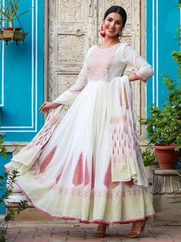 Anarkali Kurta-Pure Cotton Hand Block Print Fully Lined White Ethnic Indian Dress - Image 6