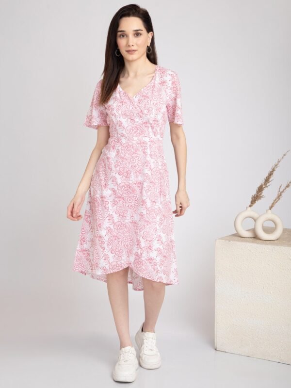 Midi Dress Pure Cotton Hand Block Fully Lined With Side Zipper Overlap Flared Half Sleeve - Image 4