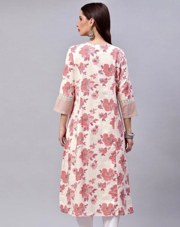 A-Line Floral Tunic-Cotton Linen Blend Long Indian Kurta-Pocket - Image 3