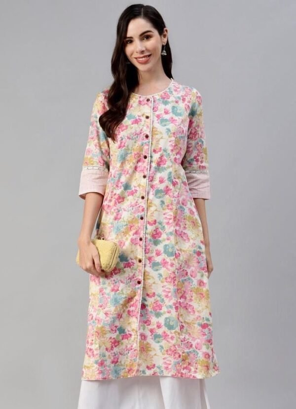 A-Line Long Tunic-Floral Indian Kurta Cotton Linen Blend-Pocket - Image 4