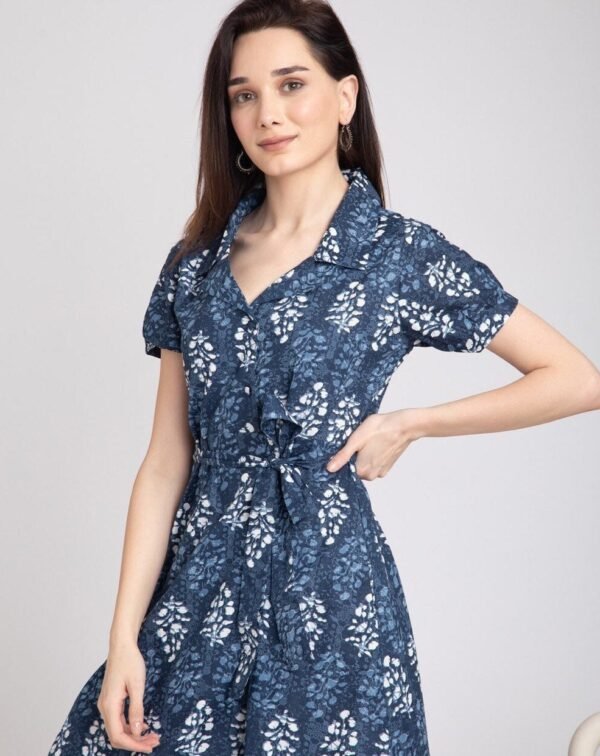 Pure Cotton Midi Dress Block Print Notch Collar-Belt Summer Shirt Dress