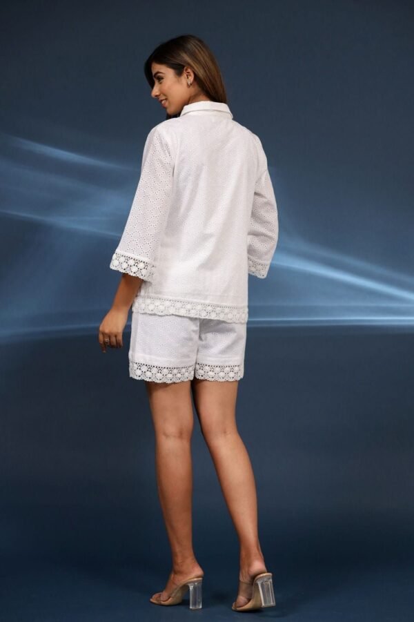 White Broderie Shorts Shirt Set Soft Lined Summer Loungewear - Image 7