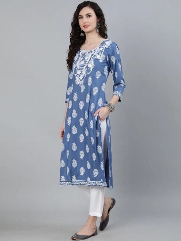 Embroidered Kurta-Blue Block Print Ethnic Indian Long Tunic-Viscose Rayon