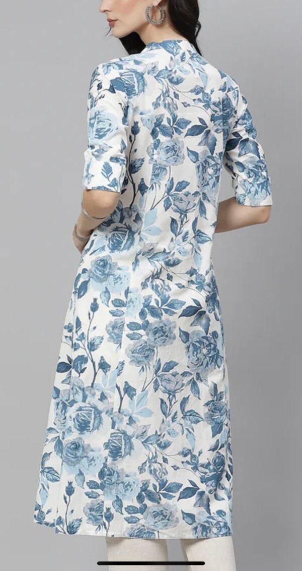 Long Tunic-Cotton Linen Blend A-Line Floral Kurta-Pocket - Image 7