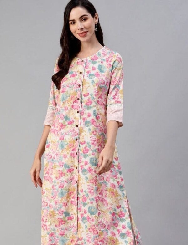 A-Line Long Tunic-Floral Indian Kurta Cotton Linen Blend-Pocket - Image 2