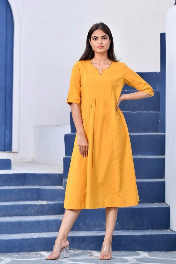 A-Line Midi Dress Cotton Linen blend Hand Embroidered Pocket Yellow Summer Dress - Image 2