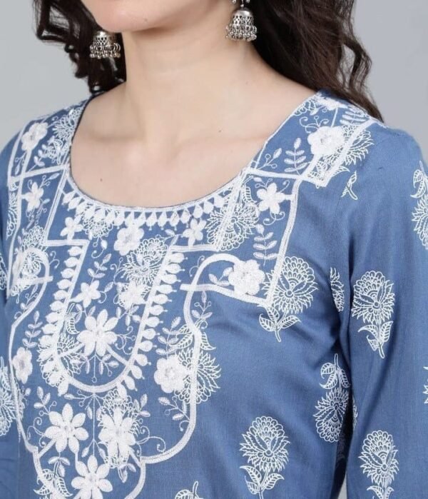 Embroidered Kurta-Blue Block Print Ethnic Indian Long Tunic-Viscose Rayon - Image 2