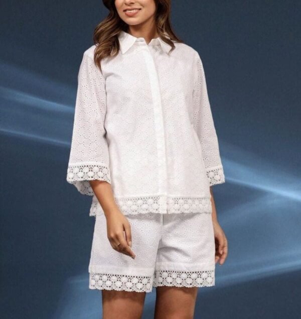 White Broderie Shorts Shirt Set Soft Lined Summer Loungewear - Image 2