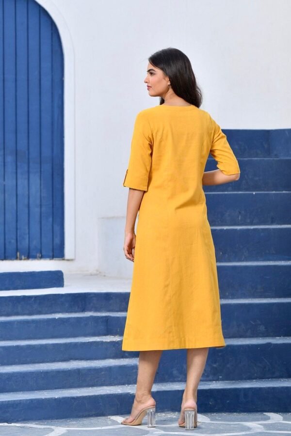 A-Line Midi Dress Cotton Linen blend Hand Embroidered Pocket Yellow Summer Dress - Image 6