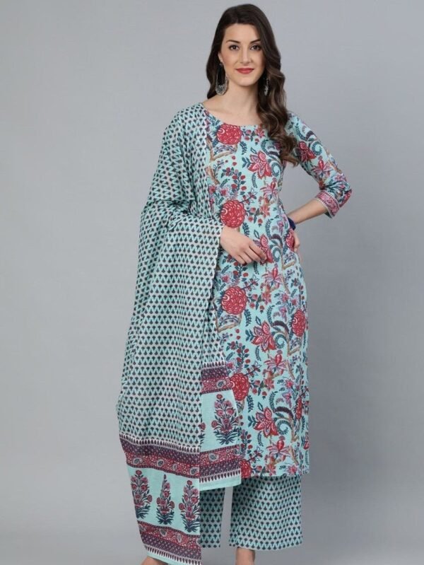 Floral Block Print Kurta Pant Dupatta Set Pure Cotton-Indian Ethnic women's suit-Casual -Occasional - Image 2