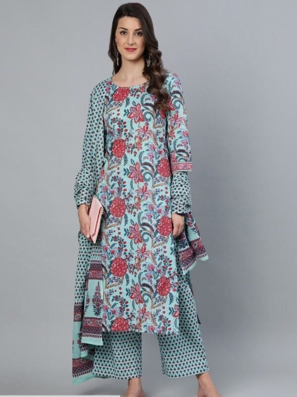 Floral Block Print Kurta Pant Dupatta Set Pure Cotton-Indian Ethnic women's suit-Casual -Occasional