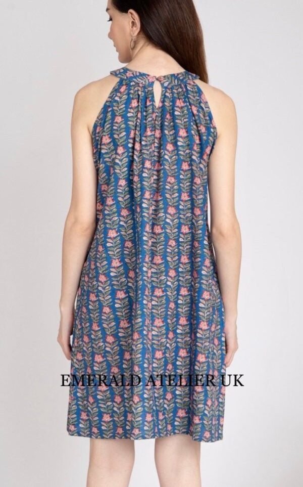 Floral Hand Block Print Halter Neck Dress Pure Cotton Summer Dress Resort-Sustainable - Image 3