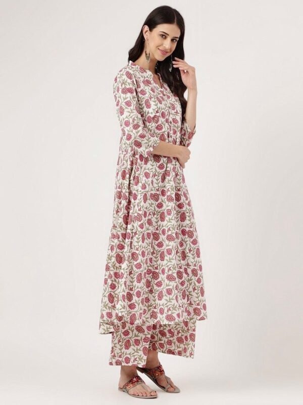 Anarkali Kurta Set In Floral Hand Block Print-Pure Cotton Pink White-Indian ethnic women's suit-Panelled dress - Image 3