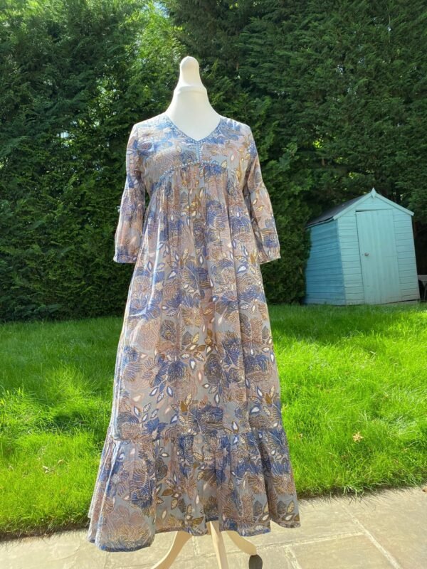 Floral Maxi Dress Pure Cotton Yoke Hand Embroidered Mirror Work-Casual-Occasional Summer Dress Boho-Chic - Image 3