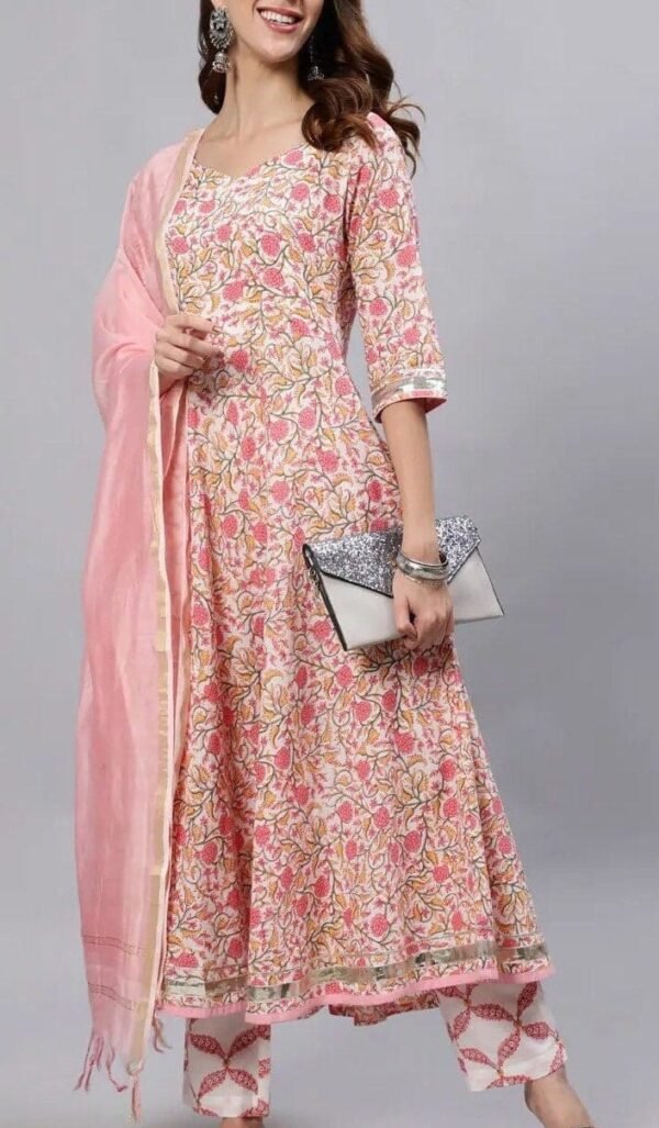 Anarkali Kurta set Floral Hand Block Print Pure Cotton-Ethnic Indian Flared Dress-Trousers-Dupatta - Image 3