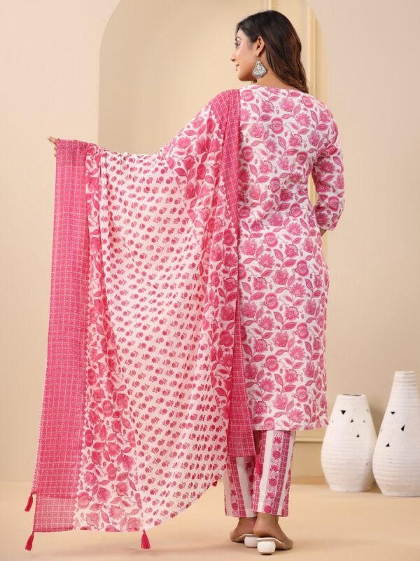 Straight Kurta Set Embroidered Pure Cotton Pink Floral Block Print Indian Ethnic Women's Suit - Image 3