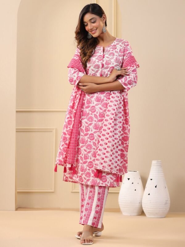 Straight Kurta Set Embroidered Pure Cotton Pink Floral Block Print Indian Ethnic Women's Suit - Image 5