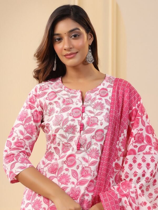 Straight Kurta Set Embroidered Pure Cotton Pink Floral Block Print Indian Ethnic Women's Suit - Image 2