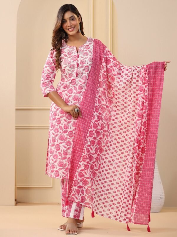 Straight Kurta Set Embroidered Pure Cotton Pink Floral Block Print Indian Ethnic Women's Suit