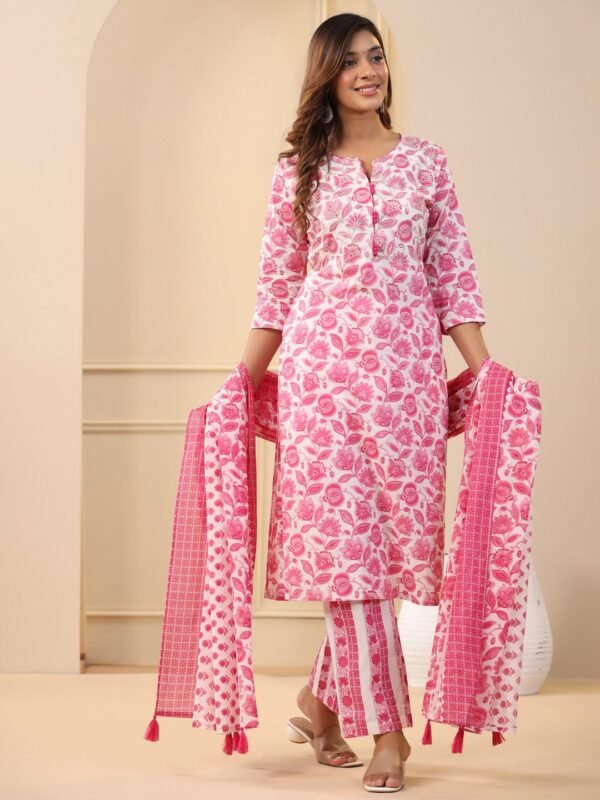 Straight Kurta Set Embroidered Pure Cotton Pink Floral Block Print Indian Ethnic Women's Suit - Image 4