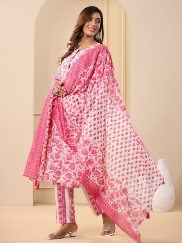 Straight Kurta Set Embroidered Pure Cotton Pink Floral Block Print Indian Ethnic Women's Suit - Image 6