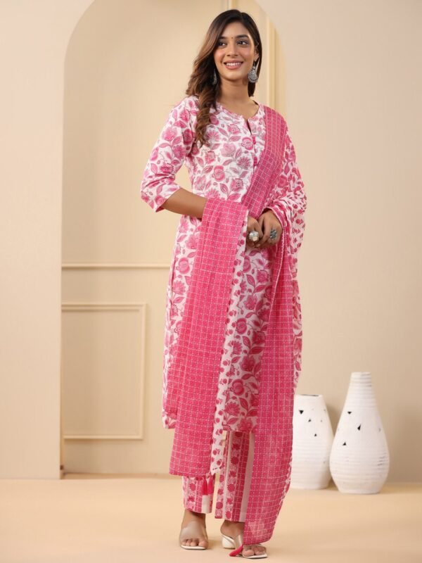 Straight Kurta Set Embroidered Pure Cotton Pink Floral Block Print Indian Ethnic Women's Suit - Image 7