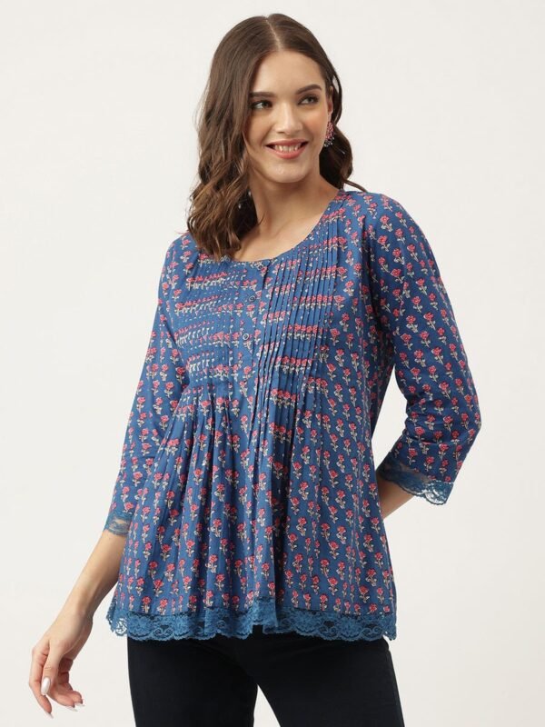 Hand Block Print Tunic Pure Cotton Blouse with Pintucks & Lace