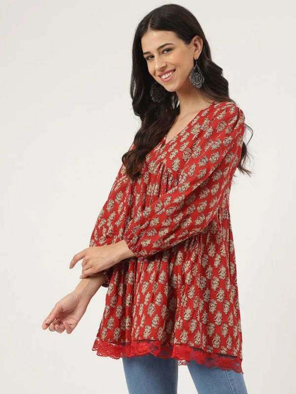 Hand Block Print Bohemian Tunic Kurti in Pure Cotton Red V-Neck Gathered sleeve Topp - Image 6